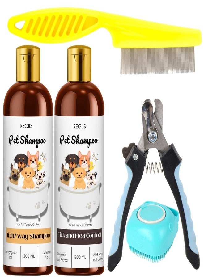 مجموعة ريجيس للعناية بالحيوانات الأليفة مع مقص أظافر، وشامبو لمكافحة القراد والبراغيث، وشامبو مضاد للحكة، 200 مل (عبوة من 5 قطع) - Image 1